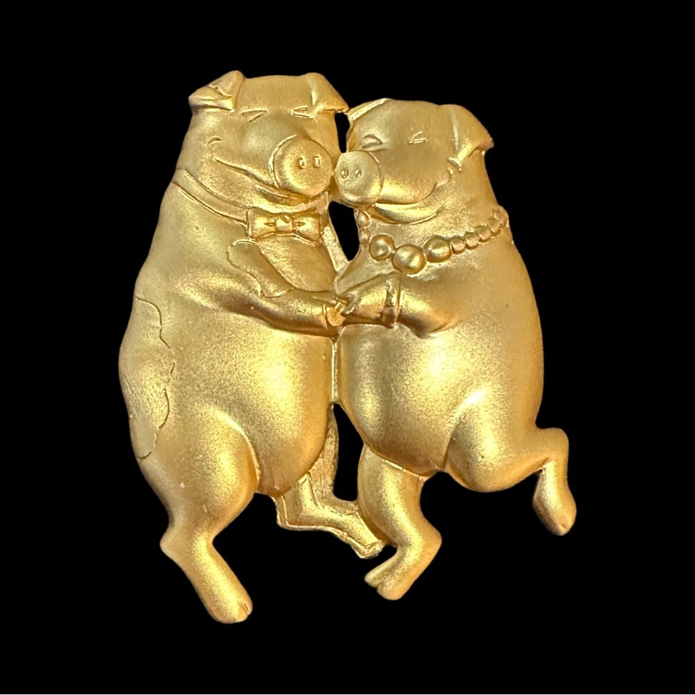 Vintage Dancing Pigs Brooch Gold Tone